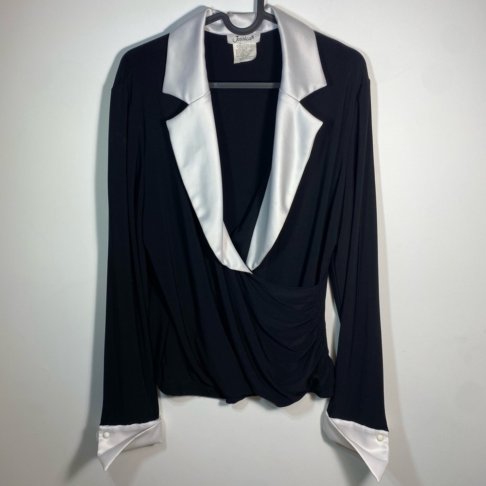 Jessica Vintage Wrap Front Tuxedo Collar Women’s Blouse size 14 (Large)